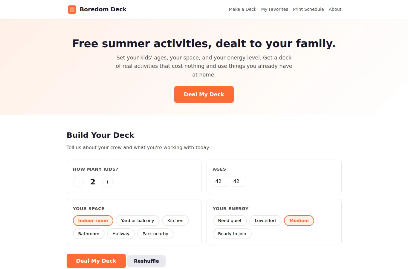 Screenshot of Boredom Deck - Free Summer Activity Generator for Kids interface showing the project page in use